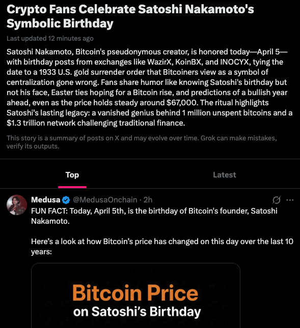 Hodlflow's tweet photo. Today is Satoshi Nakamoto birthday!

Loads of crypto fans are now showing their respect to the inventor of Bitcoin!

Elon has paid tribute to Satoshi every year on his birthday

This 100% gets an Elon interaction today @elonmusk https://t.co/lOpJgGM9e5