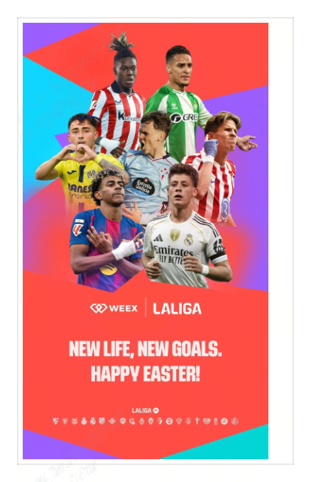 WEEX_Espanol's tweet photo. En la cancha y en la vida, cada gol marca un nuevo comienzo. ⚽️
Nueva vida, nuevos objetivos. ¡Felices Pascuas! 🕊️
Que esta temporada esté llena de gloria y crecimiento.
#WEEX #LALIGA #FelicesPascuas #NuevasMetas #LALIGAEASPORTS https://t.co/eyEJ9lARK3