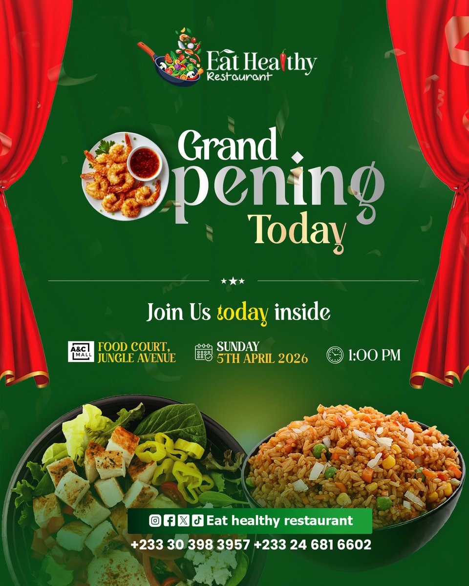 EatHealthygh's tweet photo. Happy Easter! 🌸

Join us TODAY at 1PM for the GRAND OPENING of Eat Healthy Restaurant at AnC Food Court, East Legon (Jungle Avenue Food Court).

Celebrate with fresh, wholesome meals made to delight and nourish

📞 030 398 3957
💬 https://t.co/fgI69N8qKW
#Taufik Seidu #Abu Trica https://t.co/HUW9evjZBh