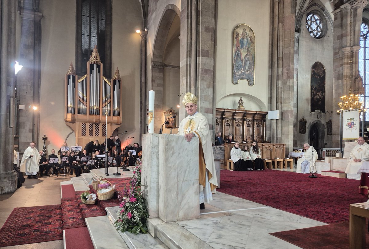 BZBXnet's tweet photo. “Il messaggio della #Pasqua ci dice che ciò che costruisce comunità e rafforza la convivenza ha un futuro, perché cambia il mondo in meglio”: così il vescovo Ivo Muser oggi in duomo a Bolzano per la celebrazione del solenne pontificale trilingue di Pasqua
https://t.co/FeQlkVkD2x https://t.co/O2QhP0e1pb
