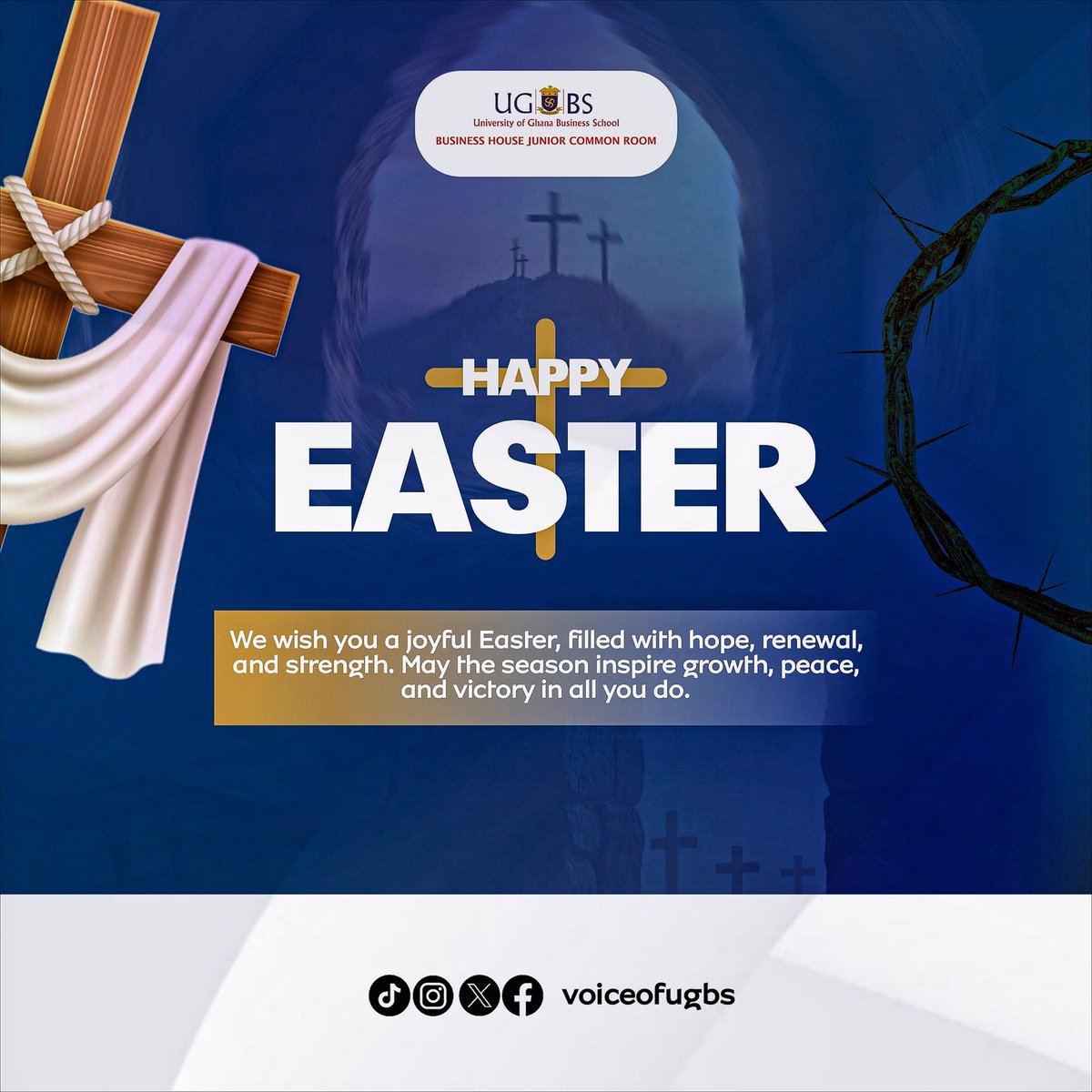 voiceofugbs's tweet photo. The Business House Junior Common Room wishes all its members and the entire UG community a Happy Easter. 

May the season bring hope, renewal, and victory as we reflect on the power of sacrifice.

#HappyEaster #BHJCR #UGBS https://t.co/NT0yjIZjDM