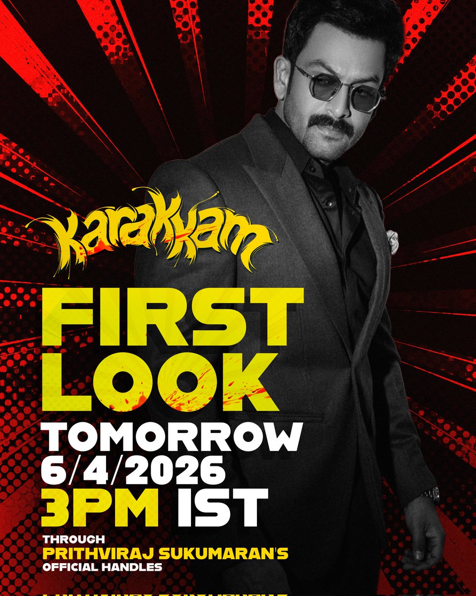 KrownStars's tweet photo. The First Look reveal you’ve been waiting for arrives tomorrow at 3 PM IST through Prithviraj Sukumaran’s official handles! 

Karakkam | Coming Soon
Great Ready! https://t.co/c2btaNQfFI
