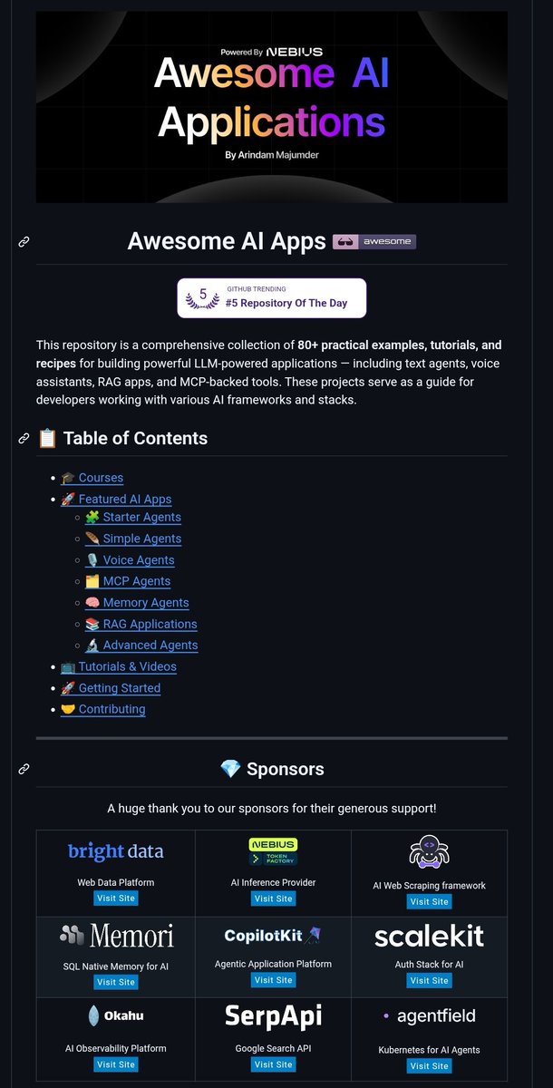 _vmlops's tweet photo. Building ai apps feels overwhelming until you see how others structure it

found this repo with 70+ examples  rag, agents, mcp, memory, full pipelines

every major framework covered. every project is runnable

this is how you actually learn
https://t.co/TwxSHsHjrZ https://t.co/4rAFNxua53