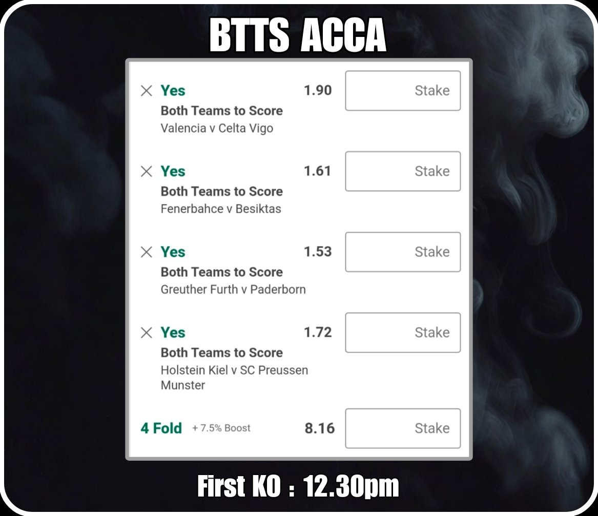 TomWhiteTips's tweet photo. BTTS ACCA

@ 8.16

First KO : 12.30pm

Spain 🇪🇸 
Turkey 🇹🇷 
Germany 🇩🇪 

Note : Fun bet only, small stakes. https://t.co/9hYcnHd6Tu