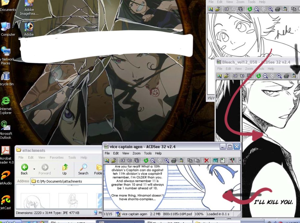 trying to save/archive all of my OLD arts from deviantart and saw this screenshot of my old desktop from yearss agoo omg! when panel vector arts and parody bubbles were still a thing. and yes i used to read bleach! i loved that series.