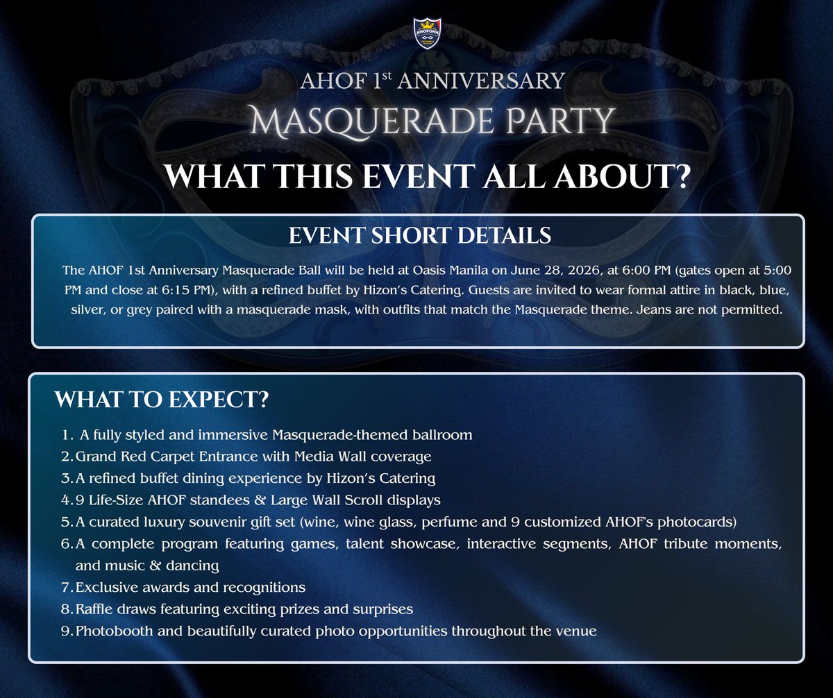 AHOFOHA_TWOH's tweet photo. PRE-REGISTRATION IS NOW OPEN!!

ALL EVENT DETAILS ARE NOW REVEALED 

The wait is finally over.

The AHOF 1st Anniversary Masquerade Ball is more than just a celebration  it’s a night of elegance, mystery, and unforgettable memories with the boys.

Step into a world where every mask holds a story…
and every moment becomes something you’ll never forget.

Secure your interest now:
🔗 https://t.co/kpH0YyqdiM⁠

You may also scan the QR code in the photo for easy access.

Please note: Pre-registration does NOT guarantee a slot. This is to confirm your interest and gather your thoughts before the official registration.

Official Registration: April 12 • 12:00 PM
Strictly first come, first served. Limited slots only.

One night. One mask. Endless memories.

Will you be part of it?

#AHOF1stAnniversary 
#masqueradeball