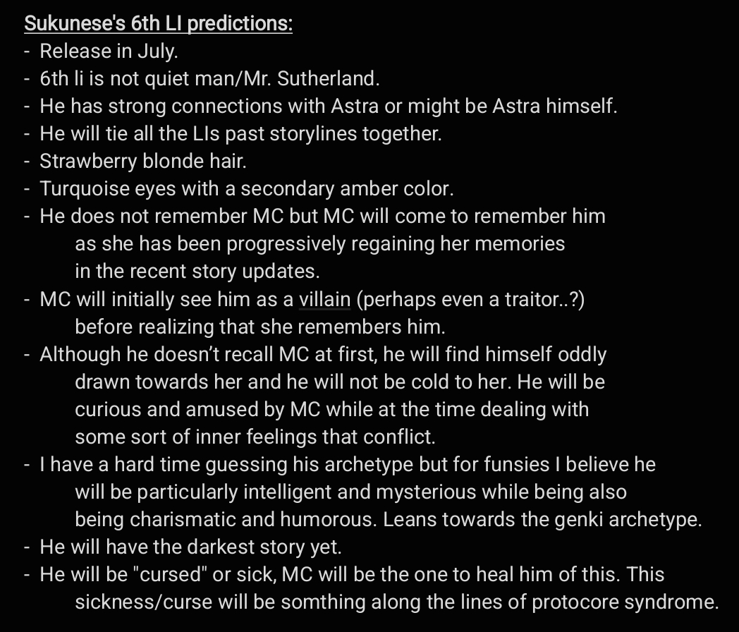 Sukunese's tweet photo. Locking in my 6th LI predictions! I don't feel that strongly about my predictions but thought it would be fun to write it out and compare to what we do end up getting. Some of it conflicts with each other but these are my main head canons for Sixie. https://t.co/nnIu4ETei0