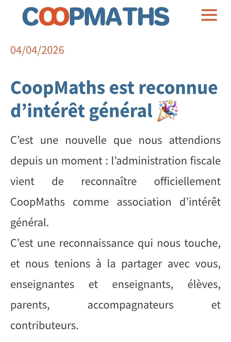 CoopMaths_fr's tweet photo. CoopMaths est officiellement reconnue association d'intérêt général !
Les dons sont donc déductibles des impôts : 
https://t.co/N0tLLcG9xn

#maths #automatismes
#LaForgeEdu #CommunsNumériques https://t.co/HfuSFG3MH5