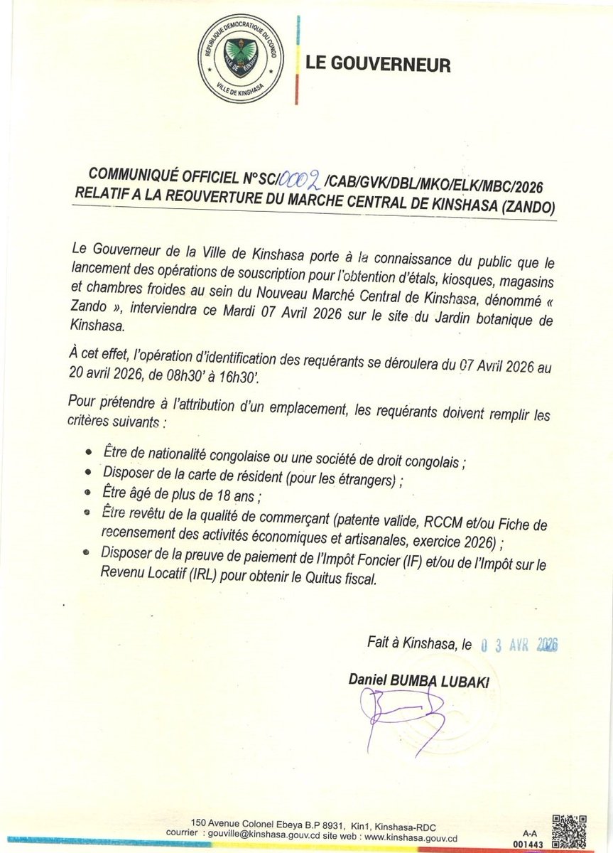 CharleneBwanga's tweet photo. #RDC: #KINSHASA. 
Top départ pour les souscriptions au nouveau Marché Central « Zando ».

​Le Gouverneur de la ville-province de Kinshasa, Daniel @daniel_bumba_01 Lubaki, a annoncé officiellement le lancement des opérations de souscription pour l'obtention d'emplacements au sein du Nouveau Marché Central de Kinshasa, communément appelé « Zando ».
​Dès ce mardi 07 avril 2026, les requérants (commerçants et opérateurs économiques) sont attendus sur le site du Jardin Botanique de Kinshasa pour le début des opérations d’identification. Cette étape cruciale concerne l'attribution des étals, kiosques, magasins et chambres froides au sein de ce complexe marchand moderne.
@ebalemozindo