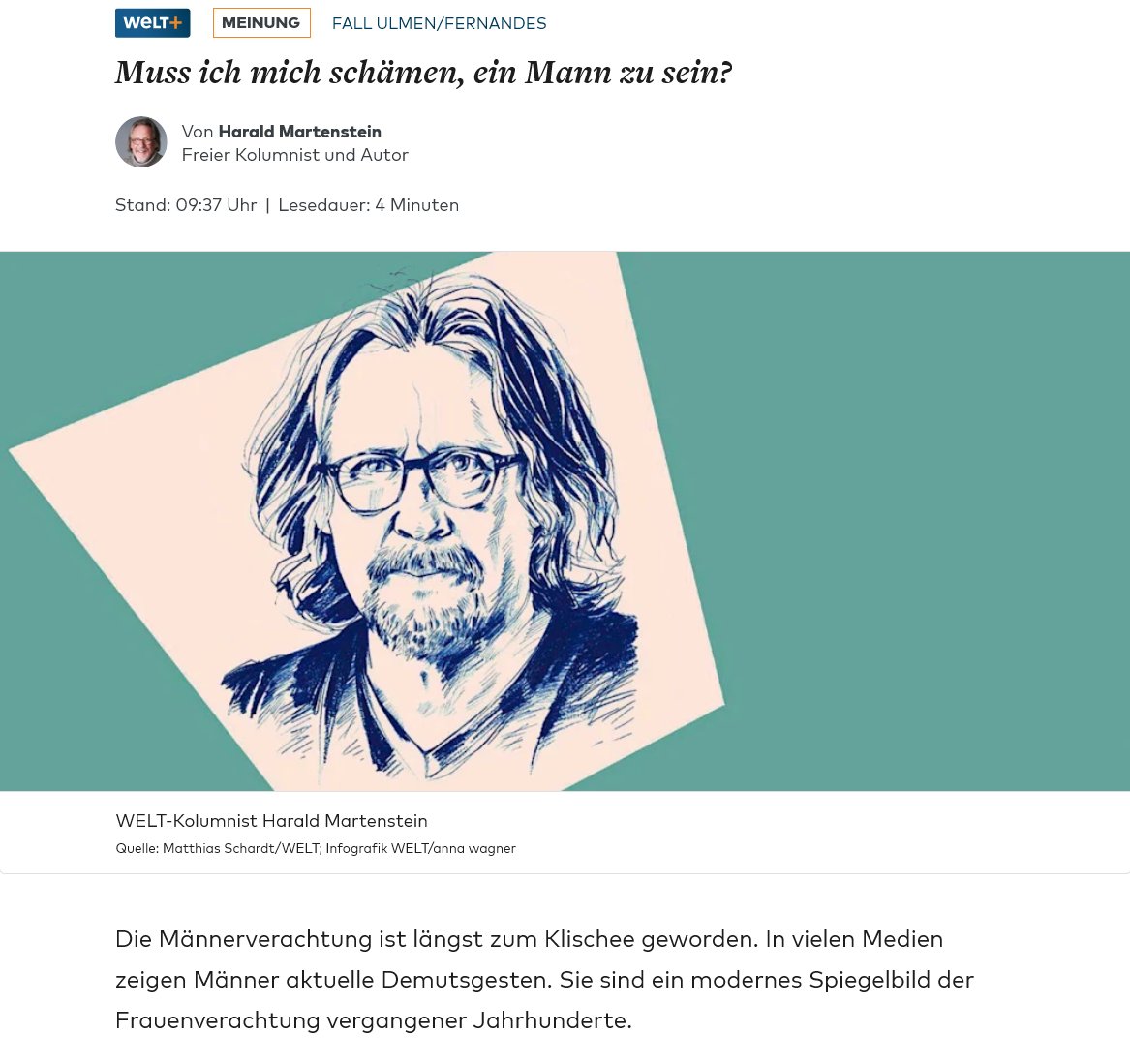 terran_liberty's tweet photo. Muss ich mich schämen, ein Mann zu sein? Harald Martenstein mit deutlichen Worten gegenüber der wachsenden Männerverachtung und kollektiven Schuldzuweisung.

➡️ Freundschaft bedeutet Loyalität: Sich vorschnell von Beschuldigten zu distanzieren, obwohl keine Schuld bewiesen ist, widerspricht diesem Prinzip – Beispiele wie die Distanzierung von Stuckrad-Barre zeigen das.

➡️ Kollektivschuld, Sippenhaft und öffentliche Distanzierungsrituale sind totalitäre Denkmuster – in einer Demokratie zählt individuelle Verantwortung.

➡️ Schuld ist nicht erblich und nicht an Gruppen gebunden – weder durch Herkunft, Umfeld noch Geschlecht.

➡️ Der Druck auf Männer, sich für Taten anderer zu schämen, erinnert an frühere Formen kollektiver Schuld – eine Erfahrung, die Martenstein aus der eigenen Biografie kennt.

➡️ Männerverachtung in Teilen der Medien wird zum Spiegelbild früherer Frauenverachtung.

➡️ Statistiken zu Gewalt existieren – etwa bei jungen muslimischen Männern –, sagen aber nichts über den Einzelnen aus und rechtfertigen keine Pauschalurteile.

➡️ Wer pauschale Schuld bei Männern akzeptiert, sie bei anderen Gruppen aber als rassistisch zurückweist, misst mit zweierlei Maß.

➡️ Männer haben historisch sowohl zerstört als auch aufgebaut – Fortschritt und Verfehlung gehören zur Realität; auch Frauen wären davon nicht ausgenommen.

☑️ Wer individuelle Schuld durch kollektive Zuschreibungen ersetzt, bekämpft Vorurteile nicht – er ersetzt sie nur durch neue.