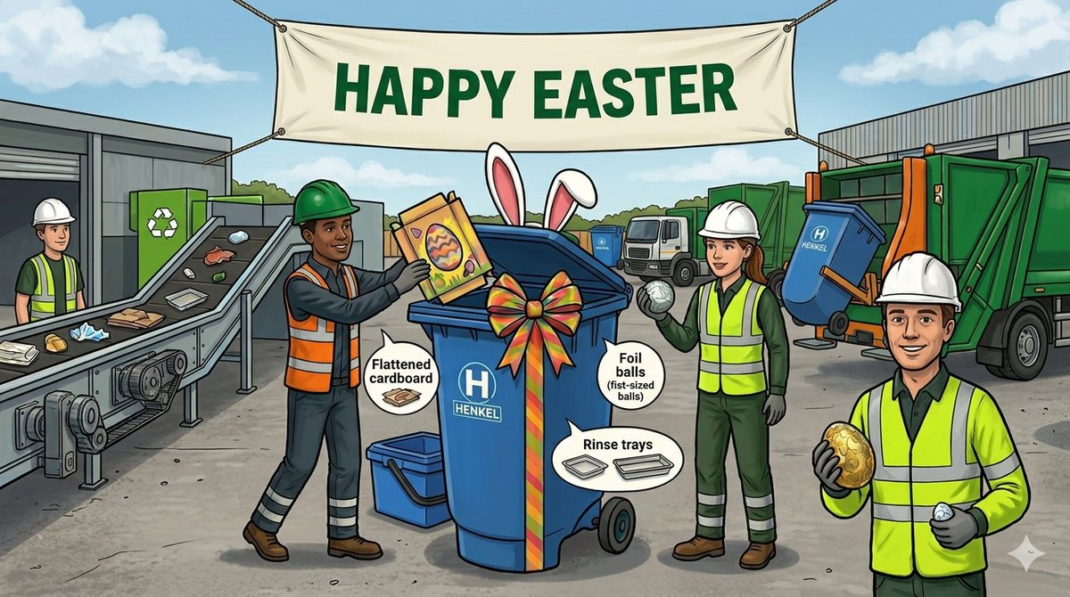 PeterRidley_WS's tweet photo. Hoppy Easter! 🐰 Help your waste teams by recycling right:
📦 Flatten cardboard boxes
🎾 Scrunch foil into a fist-sized ball
🍫 Remove plastic windows from boxes
🚿 Rinse plastic trays
Let’s keep the stream clean! ♻️ 
#Easter2026 #Recycling #Sustainability #GreenEaster https://t.co/RBCLuRbYMs