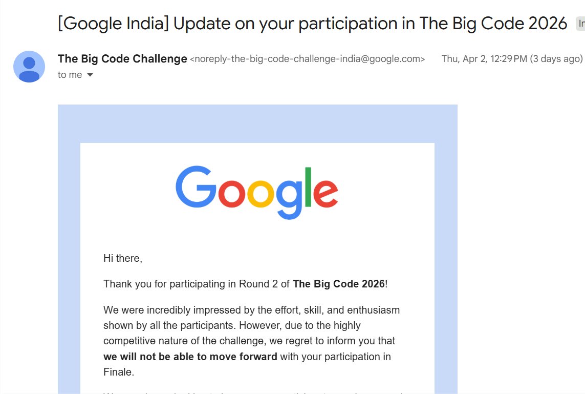 Aditya_Ch_20's tweet photo. Sharing a small update

Participated in Google Big Code 2026
→ Top 15k (Qualifier)
→ Top 1.5k (Round 1)
→ Reached Round 2
Didn’t make finals this time, but learned a lot about problem-solving and handling pressure.

Will come back stronger.

#Google #GoogleBigCode #DSA #CP https://t.co/BxvlrCihfw