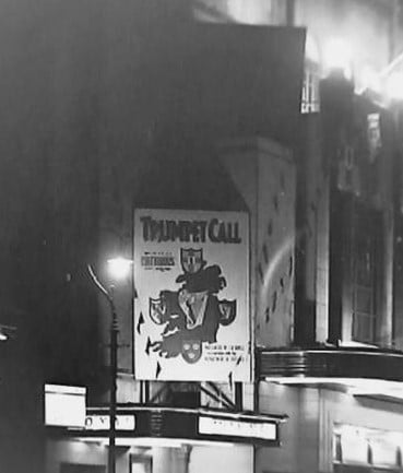 ConorDoyleDUB's tweet photo. #Easter 1944 Theatre Royal #Dublin "Trumpet Call" for which Frank O'Donovan wrote "Were on the One Road" which later became a hit song for The Wolfe Tones the #irish rebel music band. Very rare photos of the Royal on a wet night! @TheHighKings https://t.co/TpugtOJk1e