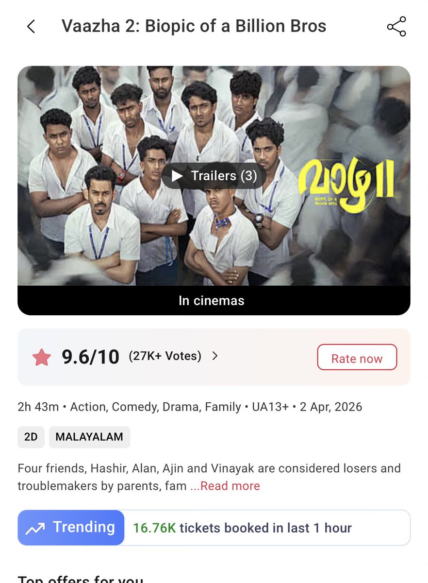 statsforfun319's tweet photo. #Vaazha2 BookMyShow 2026-Apr-05
2-3pm
Tickets sold on BMS-16760
Total-114,600
Esti-200k-240k
#HashirH #VedaShankar https://t.co/i5Jq1tkpyV