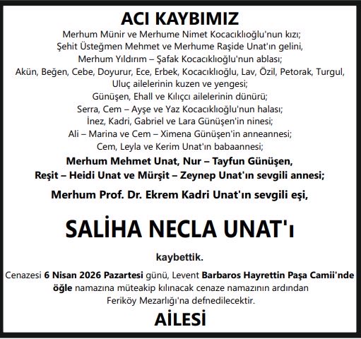 DrRecepOzturk's tweet photo. Muhterem hocamız merhum Prof. Dr. Ekrem Kadri Unat’ın saygıdeğer refikası, zarafeti, vakarı ve temsil ettiği örnek aile birliğiyle gönüllerde müstesna bir yer edinmiş Saliha Necla Unat hanımefendinin vefatını derin bir hüzünle öğrenmiş bulunuyoruz.

Necla Hanım, yalnızca hocamızın hayat arkadaşı değil; aynı zamanda onun ilmî yolculuğunda en büyük destekçisi, bizler için ise o köklü akademik ailenin sarsılmaz bir dayanağı ve şefkat timsali bir büyüğüydü. İnceliği, zarafeti ve mütevazı duruşuyla hatıralarımızda daima müstesna bir yer işgal edecektir.

Yıllar sonra aziz hocamıza ve kıymetli evladı merhum Mehmet Unat’a kavuşan Necla Hanım’a, Cenab-ı Hak’tan rahmet diliyor; mekânının cennet, makamının âli olmasını niyaz ediyorum.

Başta evlatları Nur, Reşit ve Mürşit olmak üzere, tüm Unat ailesine, talebelerine ve sevenlerine sabr-ı cemil temenni ediyorum.

Cenaze Merasimi:
6 Nisan 2026 Pazartesi günü, Levent Barbaros Hayrettin Paşa Camii’nde kılınacak öğle namazını müteakip Feriköy Mezarlığı’na defnedilecektir.