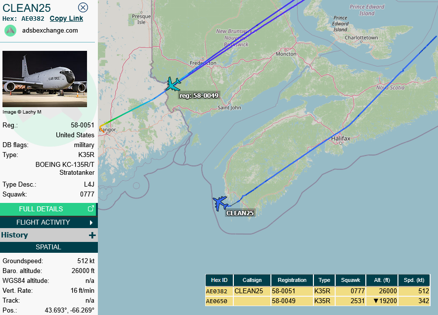 SirListenalot's tweet photo. Apr04 ~2025z #KC135's inbound Bangor #AE0650 #CLEAN24 (ex Prestwick) &amp; #AE0382 #CLEAN25 (round trip) helped three "FF" #F22's out of Lakenheath. 
~2105z #TABOR41-43 on their way to KLFI (Langley) checking in with Boston ATC https://t.co/TRlH7i4Nmu