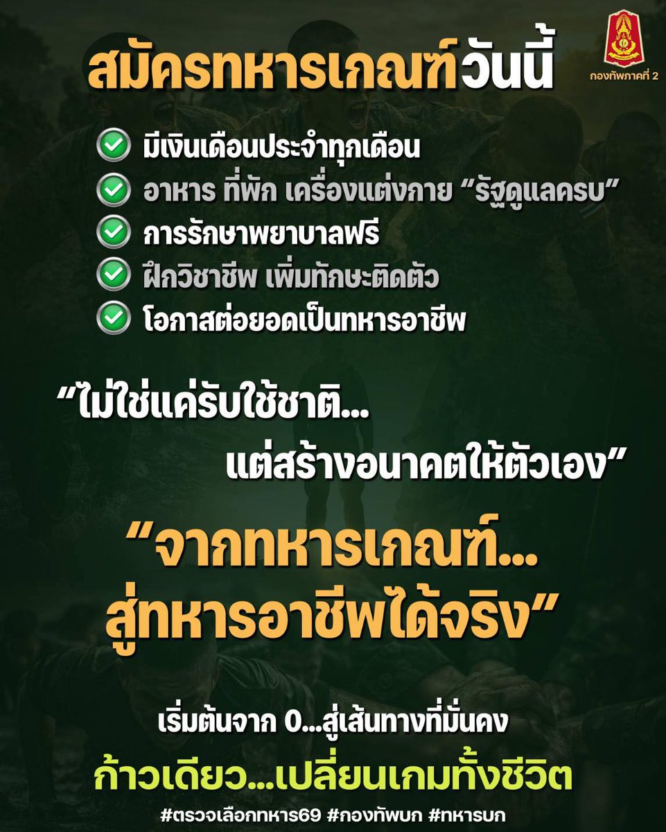 army2pr's tweet photo. “จากทหารเกณฑ์ สู่ทหารอาชีพได้จริง”
สมัครทหารเกณฑ์วันนี้ -
📷 มีเงินเดือนประจำทุกเดือน
📷 อาหาร ที่พัก เครื่องแต่งกาย “รัฐดูแลครบ”
📷 การรักษาพยาบาลฟรี
📷 ฝึกวิชาชีพ เพิ่มทักษะติดตัว
📷โอกาสต่อยอดเป็นทหารอาชีพ
“ไม่ใช่แค่การรับใช้ชาติ…แต่สร้างอนาคตให้ตัวเอง”
#ตรวจเลือกทหาร2569 https://t.co/0pG2lmC29R