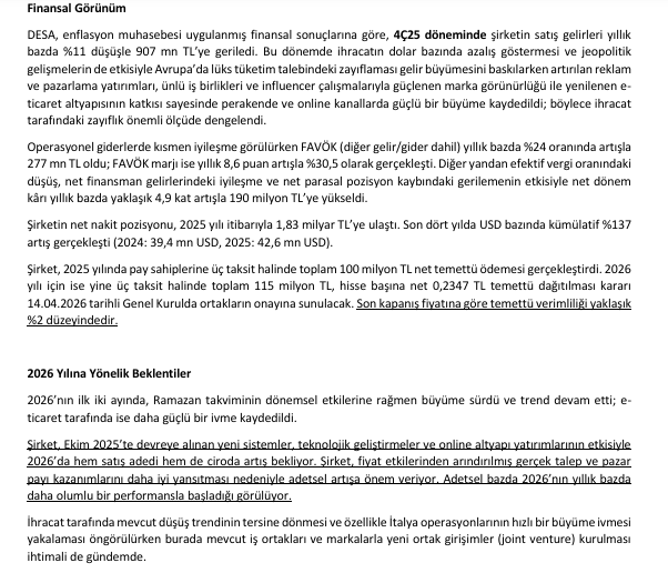 birfincanborsa's tweet photo. #DESA Toplantı Notu (Phillip)

İhracat gelirleri yıldan yıla gerilemiş olsa da İtalya’daki stratejik yatırımlar ve olası yeni ortaklıklarla Avrupa  pazarındaki konum güçlendirilirken yurt dışı franchise açılışları ve sınır ötesi e-ticaret hacmindeki artış ile “1972  DESA” operasyonunun büyümesi katma değerli markalı ihracatın payını yükseltmektedir. 

Böylece, ihracat tarihsel  olarak düşük seviyelere inmiş olsa da talep koşulları normalleştiğinde şirket hızlı kapasite artışı gerçekleştirebilecek  güçlü bir konuma sahiptir.