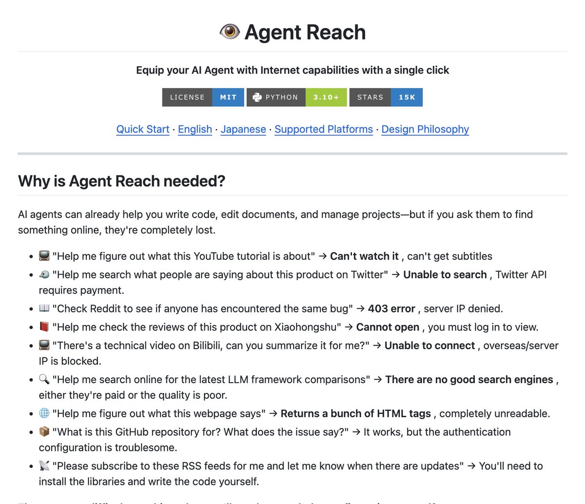 oliviscusAI's tweet photo. This repo gives any AI agent instant access to the entire web without API keys.

Agent Reach is a single command that connects your agent to 15+ platforms like Twitter, Reddit, and Bilibili. It completely bypasses expensive API paywalls and frustrating 403 errors.

100% Open Source.