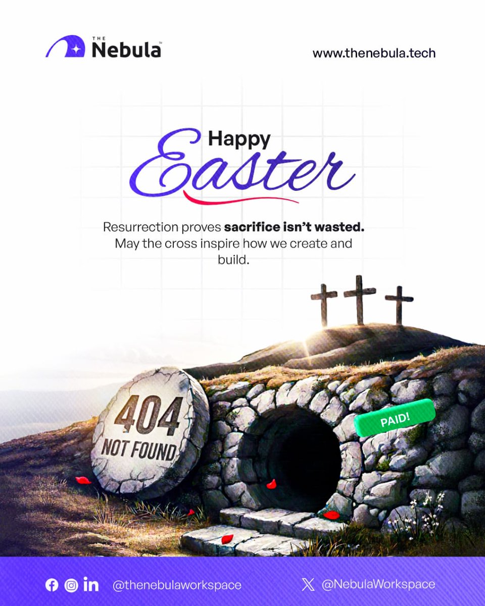 NebulaWorkspace's tweet photo. What looked like the end wasn’t the end. 

The stone rolled away is a reminder that hope always has the final say that purpose outlives pain, and sacrifice leads to something greater.

From all of us at The Nebula, wishing you a hopeful, joyful, and meaningful Easter. 🌅✨ https://t.co/SyvjaCeQfi