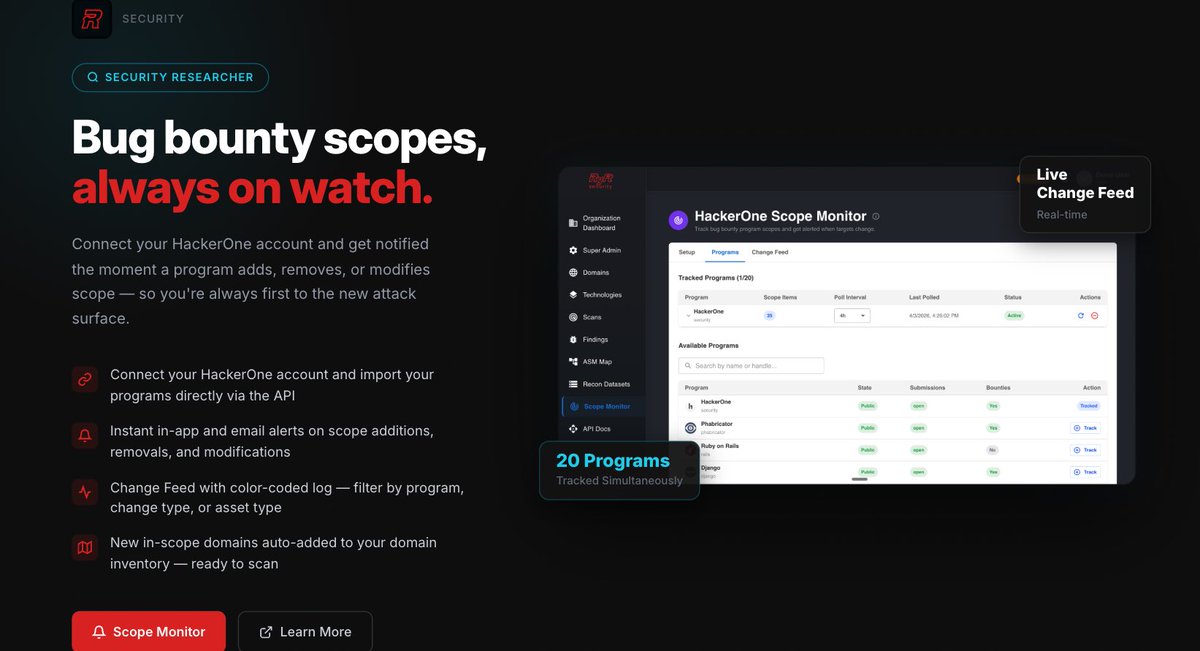 ryftsec's tweet photo. 🔔 Scope Monitor
Connect HackerOne and track 20 programs at once. Get alerted the second scope changes.
New in-scope domains auto-import into your inventory. Ready to scan before anyone else notices 👀 https://t.co/ksgCWTdUbQ