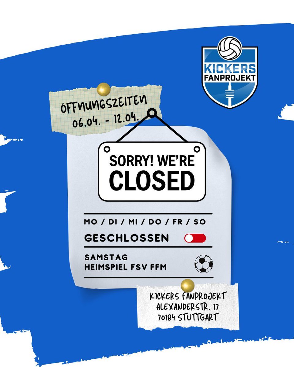 KickersFP's tweet photo. +++ Öffnungszeiten 06.04. - 12.04. 2026 +++

Wir machen in der kommenden Woche Osterferien, haben zwischen den beiden Ligaspielen (06.04. - Freiberg und 11.04. - FSV Frankfurt) nicht geöffnet und schnaufen etwas durch.

#aufdieblaue #öffnungszeiten #sozialearbeitmitfußballfans https://t.co/ecnMIyH7yp
