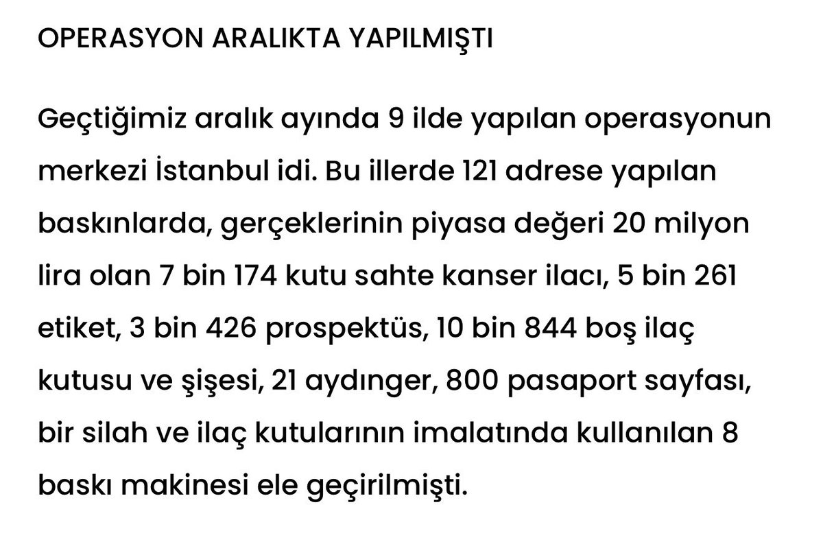 Düşün bak kanser hastasısın.
Zaten yurtdışında 200 TL olan ilaç sana 30,000 TL ile satılıyor.

SON UMUDUN LAN!🤬
Son yaşama tutunma hakkını da 70 şerefsiz çalıyor!

Ve!

Sahte kanser ilacı yapan 70 kişiyi sokağa saldılar! 
Ali Yerlikaya “GEREĞİ YAPILDI, çete çökertildi” diye şov