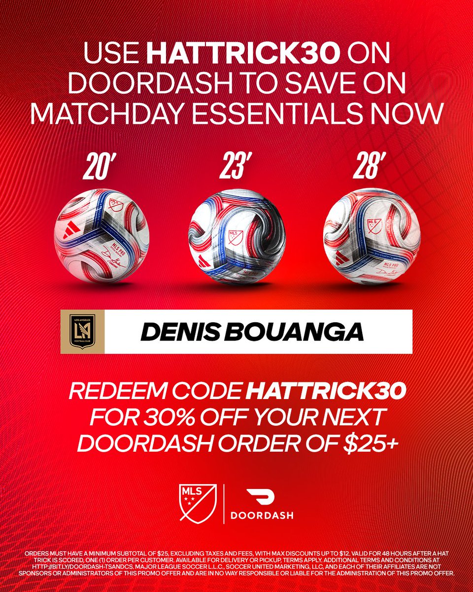 Denis Bouanga’s hat trick = Discount on DoorDash. 🙌

Use promo code HATTRICK30 for 30% off your next <a href="/DoorDash/">DoorDash</a> order of $25+. Redeem offer here: soc.cr/4uxzP6c