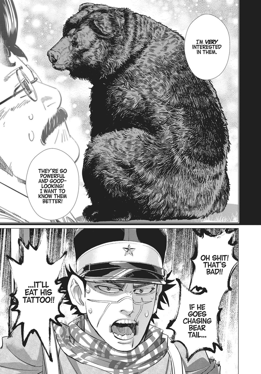 Phileezppe's tweet image. Vraiment beau les paysages dans Golden Kamuy.
Sinon je crois qu'on a un nouveau concurrent pour le perso le plus barré du manga: Shiton Anehata le zoophile, qui veut même le faire avec un ours mdr
