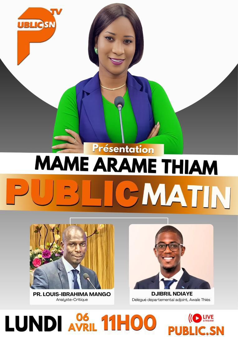 AwaleThies's tweet photo. Demain lundi 6 avril 2026, @Djibril_ND92, délégué départemental adjoint de Awalé THIES, sera l’invité de Mame Arame THIAM dans l’émission Public Matin sur Publicsn TV à partir de 11h. https://t.co/SC5dIU52Y9