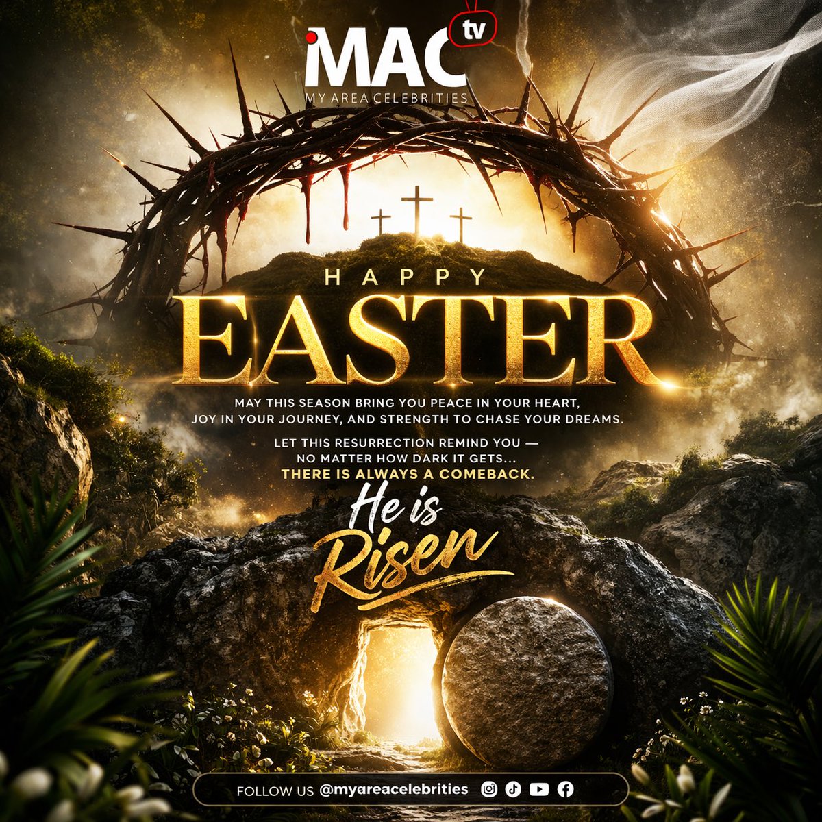 myareacelebrity's tweet photo. HAPPY EASTER ✝️✨

From darkness came light.
From sacrifice came victory.

No matter how tough the journey gets,
remember, there is always a comeback.

This season, may your life be filled with peace,
your heart with joy, &amp; your path with unstoppable grace

He is Risen. 🙏
MAC TV https://t.co/EgjFzgvjQE