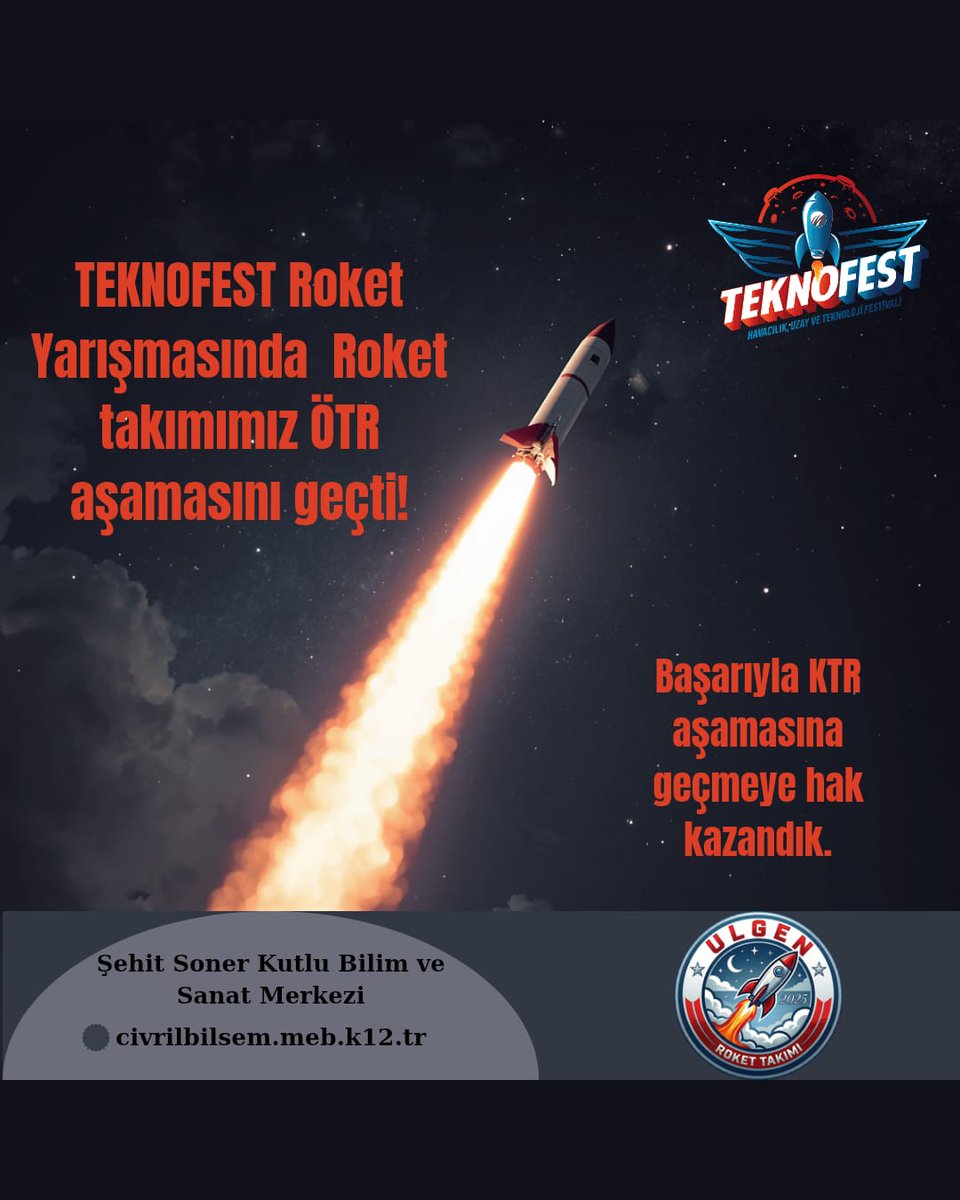 UlgenRocketTeam's tweet photo. ÜLGEN Roket Takımımız ÖTR aşamasını geçti! 🚀 Sırada KTR aşaması var. Başarılarımız daim olsun, istikbal göklerdedir! 🇹🇷🔥 @denizlimem @civrilmem https://t.co/vvu20B1oSe