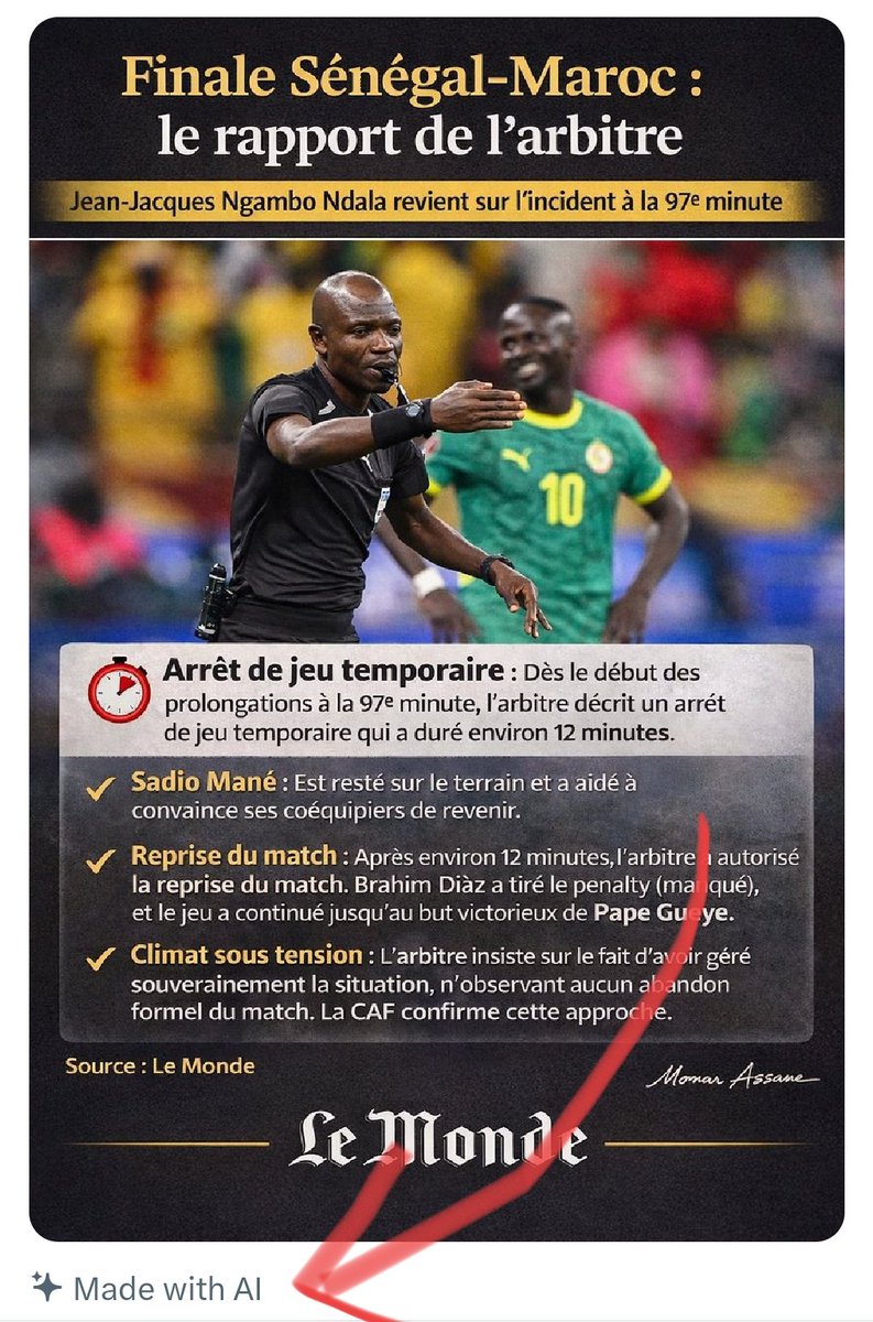 kiowaAH64's tweet photo. @Noo_IDcard @lemondefr Certains Sénégalais ont atteint un niveau avancé de ridicule et de falsification : ils produisent des images à l’aide de l’intelligence artificielle afin de falsifier un faux article de "Le Monde"  sur le rapport de l’arbitre du match. C’est pitoyable. https://t.co/N6VM1k2PKI