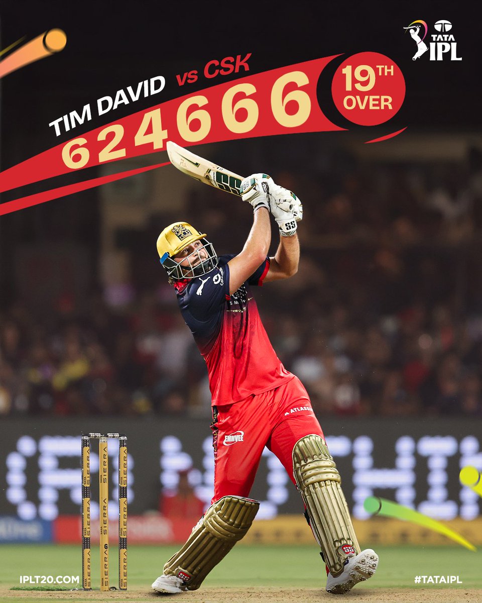 IPL's tweet image. 3️⃣0️⃣ off the over! 🤯

The striking mayhem from Tim David that pushed @rcbtweets to 250 today 🔥💪

WATCH THE FULL OVER ▶️ iplt20.com/video/64753/30…

#TATAIPL | #KhelBindaas | #RCBvCSK