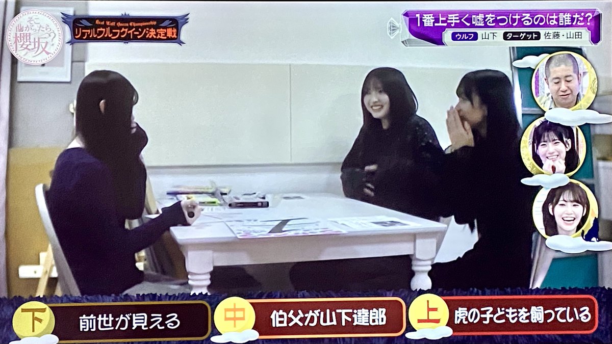 櫻坂の番組企画
#1番嘘をつけるのは誰だ  

いや叔父が山下達郎やばい
ライブを見にきてくださった時にとか嘘でもやばい笑笑  何かの布石？！？

虎の子どもも親しみあるぞ笑笑
#そこ曲がったら櫻坂