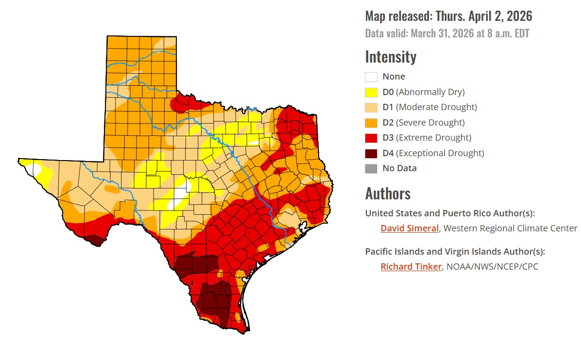 RodneyChaiWX's tweet photo. [Apr 5] Deep South Texas is finally getting much-needed widespread, soaking rainfall 🌧️. After the driest start to the year on record for Brownsville and with 94% of the region currently in D3/D4 #drought, this rainfall is hopefully a welcome start towards recovery. #txwx #rgvwx https://t.co/7IoJw6gveF