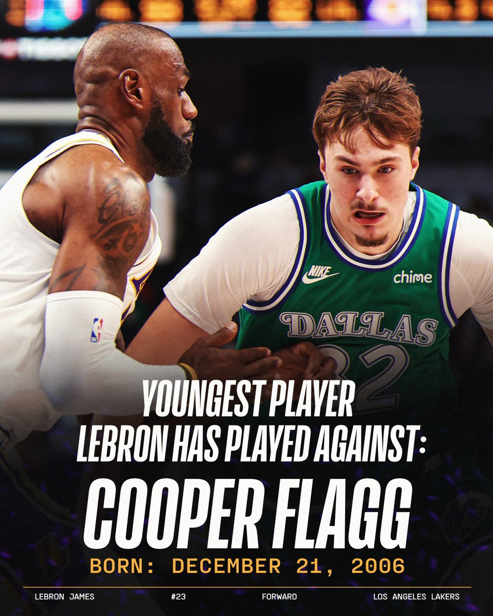 Cooper Flagg was born more than 3 years after LeBron James made his NBA debut 🤯
41-year-old James and 19-year-old Flagg go head-to-head tonight on Sunday Night Basketball!
Lakers/Mavericks: 7:30pm/et on NBC & Peacock