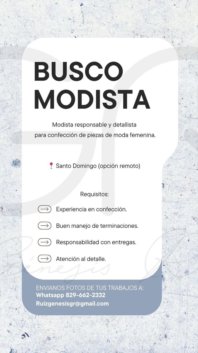 Mi sobrina Génesis Ruiz busca modista con opción a trabajar remoto y que sea responsable a la hora de entrega.