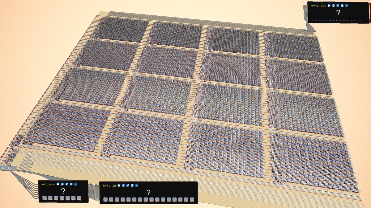 hardchipgame's tweet photo. Chip of the week 512 Bytes Memory Bank! 

A very large structure (compared to the rest of the game) of latches with synchronous read and write flags, made by one of the best HC players as a showcase!

#engineering #cpudesign #GameDev #IndieGame https://t.co/NKvsDCf1om