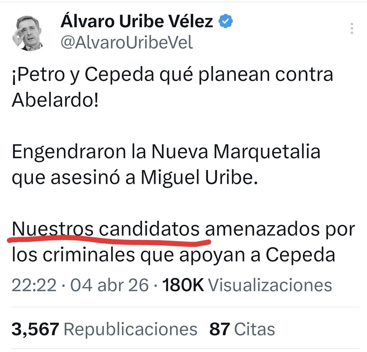 El mismo <a href="/AlvaroUribeVel/">Álvaro Uribe Vélez</a> reconoce que <a href="/ABDELAESPRIELLA/">Abelardo De La Espriella</a> es de este lado. Señores: voten por el que más les guste pero no jodan a Colombia por orgullo en segunda vuelta cuando él enfrente a Cepeda. Primero el país.