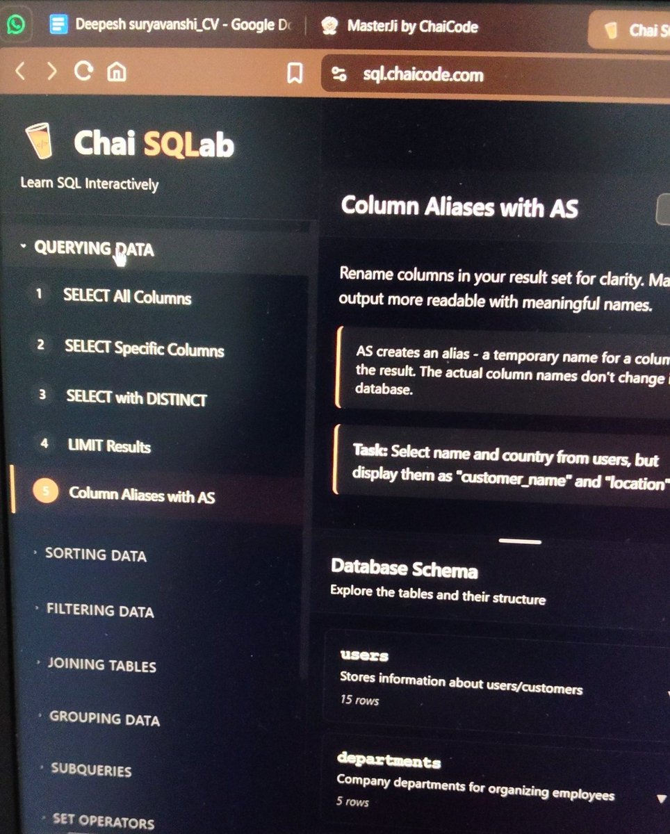 DeepeshdotAI's tweet image. Try the #chaisqlab and this is very use to practice and learn  #sql.
Great @ChaiCodeHQ and @Hiteshdotcom 
Recommend for learners and interns
