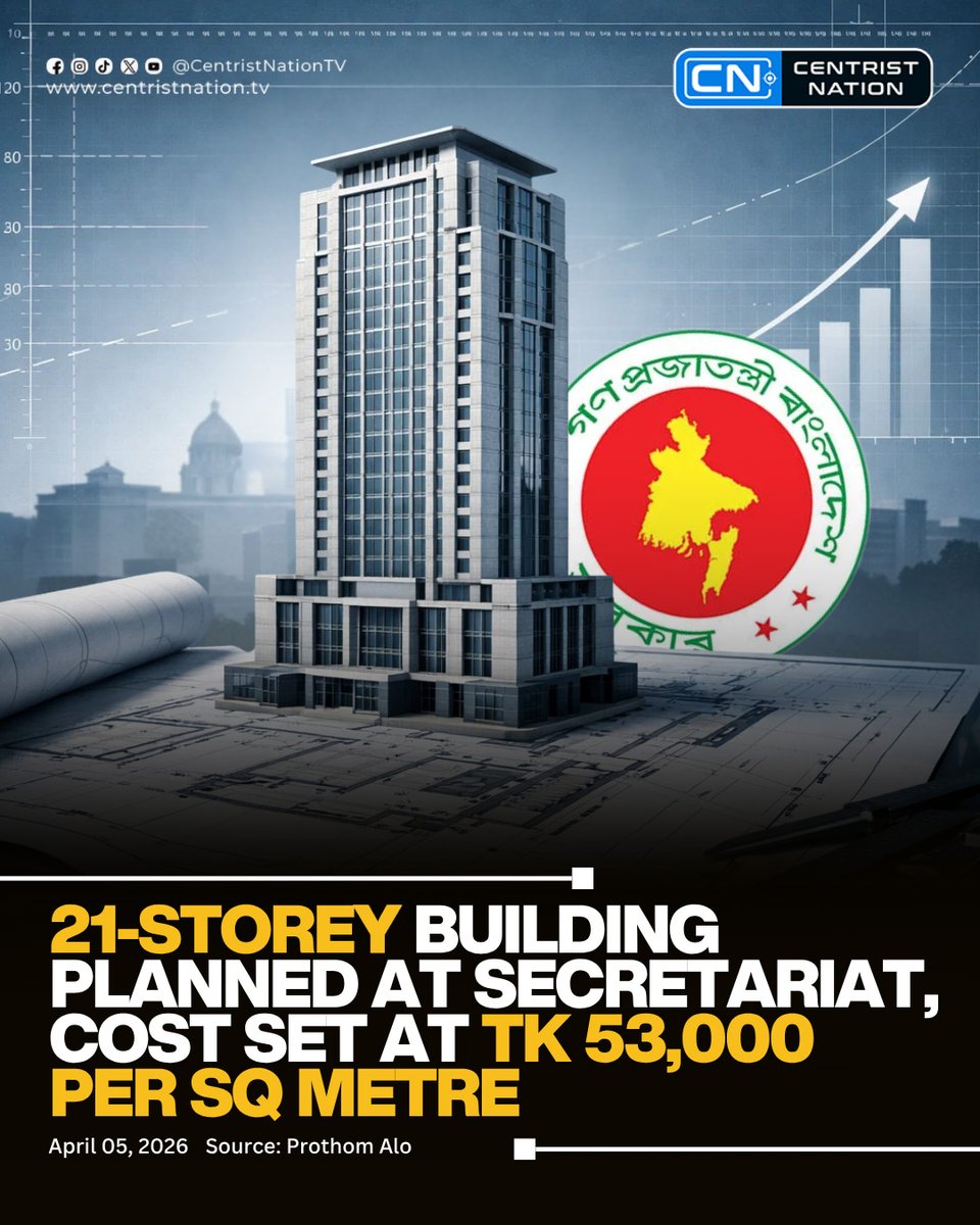 centristnattv's tweet image. 21-Storey Building Planned at Secretariat, Cost Set at Tk 53,000 Per Square Metre

#Building #Secretariat #CN #CentristNation