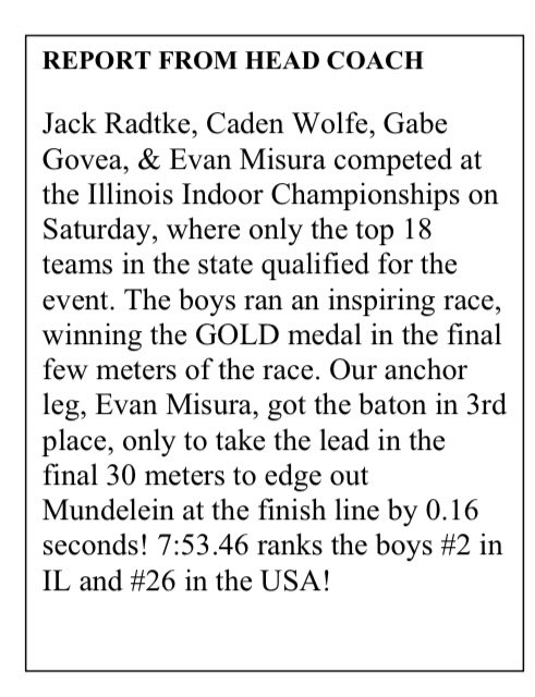 vjabolts's tweet photo. The Andrew Athletes of the Week from @BoltsTrack for the week of March 30th were Jack Radtke, Caden Wolfe, Gabe Govea and Evan Misura

On Saturday March 28th these 4 won the 4x800 M Relay Illinois Indoor Championship

Congratulations men! https://t.co/HISlboMpnC