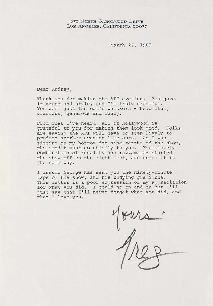 hepburnthinker's tweet photo. "You were just the cat's whiskers ‐ beautiful, gracious, generous and funny."

A letter to Audrey Hepburn from her longtime close personal coworker and friend, Gregory Peck thanking her for being his AFI Lifetime Achievement Award presenter in 1989♡ https://t.co/x1Glf2cskC