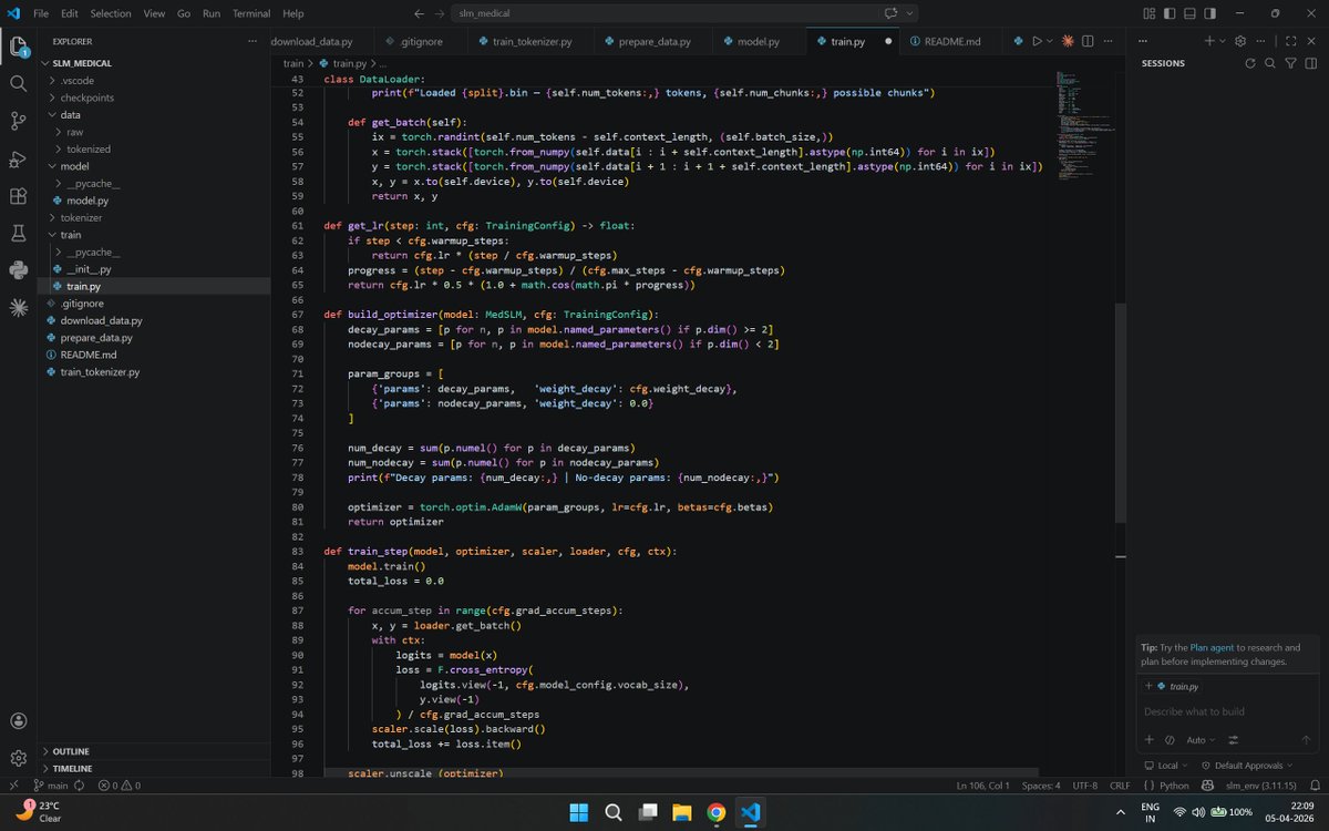 sspub2's tweet photo. Day 27 of LLMs from scratch

Update:
-> Defined learning rate, training steps, and optimizer (AdamW)
-> Working on two projects side by side - one on RL, one on LangGraph https://t.co/Nert1giUFk