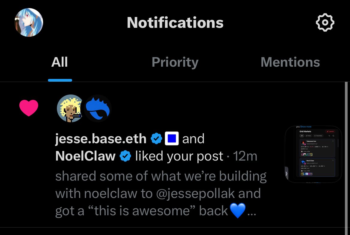 so <a href="/jessepollak/">jesse.base.eth</a> as #001 builder on <a href="/base/">Base</a> are liked $NOELCLAW 👀

<a href="/noelclawfun/">NoelClaw</a> 
noelclaw.fun

0xA57d8CE207C7daAeeeD4E3a491bDf51d89233AF3