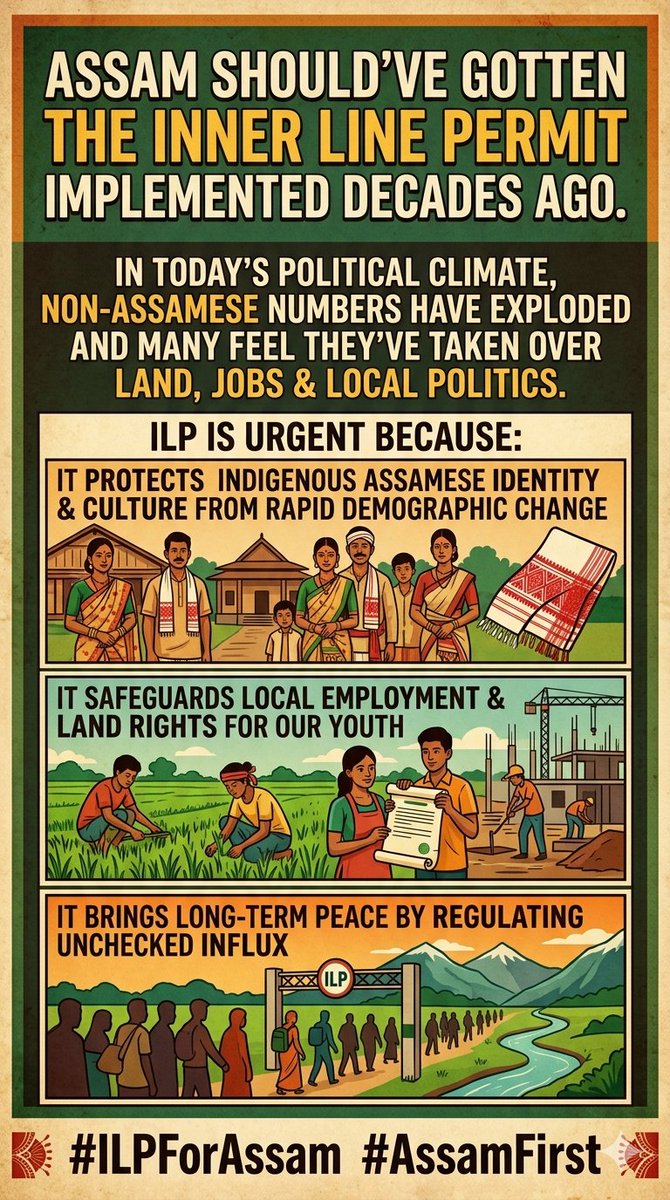 himangkar_b's tweet photo. Assam should have implemented the Inner Line Permit (ILP) long ago. In the current political climate, a huge influx of non-Assamese has rapidly taken over land, jobs, and local politics.
 
#ILPForAssam #AssamFirst https://t.co/HyTPBAW95X