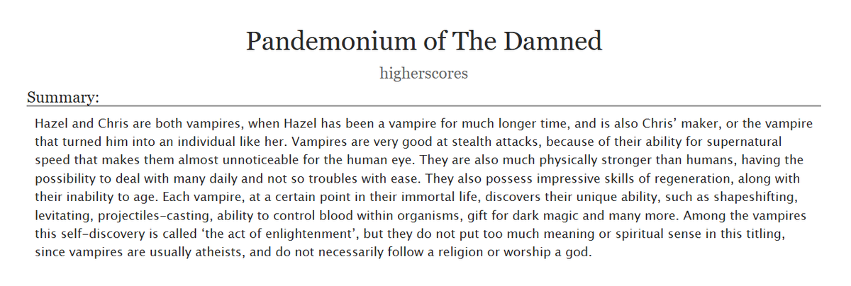 hhhigherscores's tweet photo. https://t.co/72Sx2AiCL4

I started my new original work on AO3 about a couple of two sweet and horny vampires. I will try to update the story weekly, posting a new chapter each Monday, so here it goes the first one, called ‘Enlightenment’.

thanks to everyone who read it.

#ao3 https://t.co/NpxL8Cq1Yp