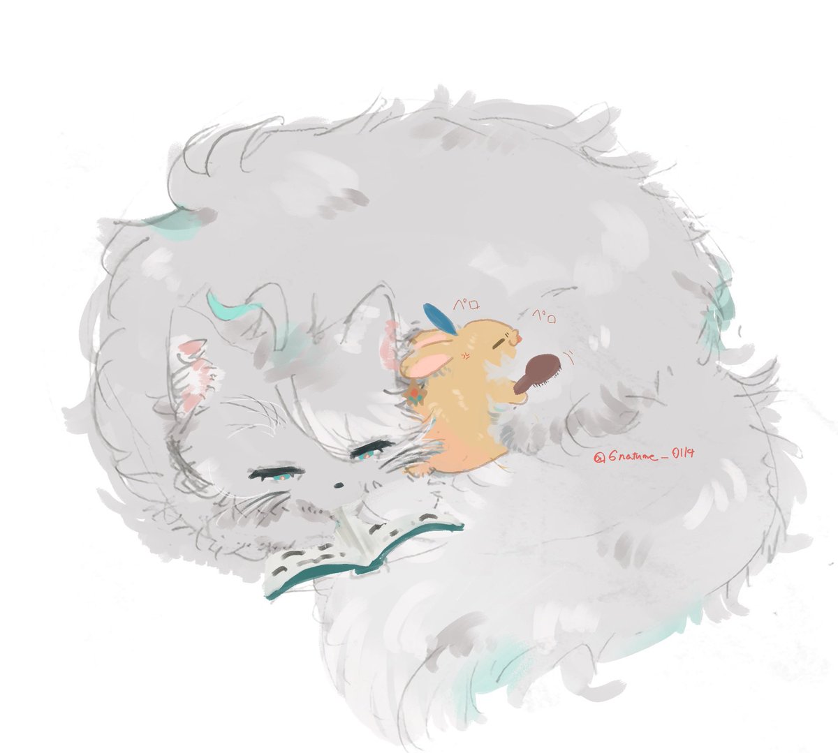 毛繕いを始めたは良いけど自分の舌じゃ終わらなくてついにはブラシも出してるうさ🏛️とただ一緒に居たくて本読んでるふりしてる🌱