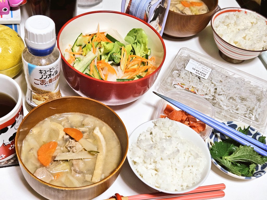 4/5 #食事記録
朝:コヤギベーカリーさんのパン(くるみチーズ、クロックムッシュ)、袋サラダ、カップスープ、トマトジュース
昼:おやつパーティー(もろこし輪太郎、キャラメルコーン、ポップコーン、チョコチップクッキー)、文旦
夜:ごはん、豚汁、サラダ(胡瓜、人参、大根)、しらす、たらこ、大葉